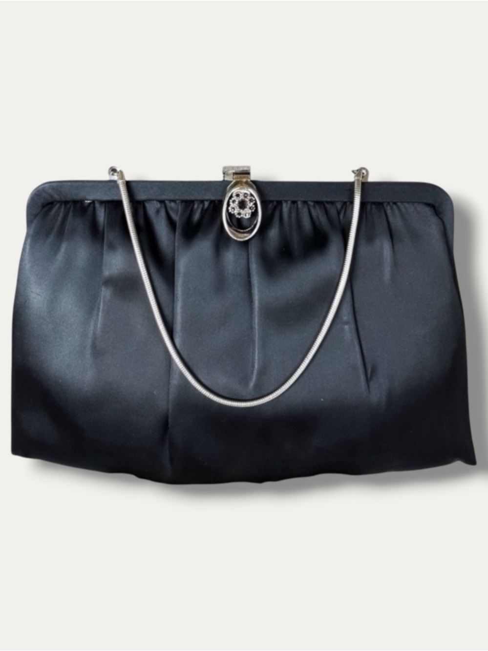 Vintage Andé Black Satin Bag Rhinestone Cabochon Clasp Snake Chain Clutch